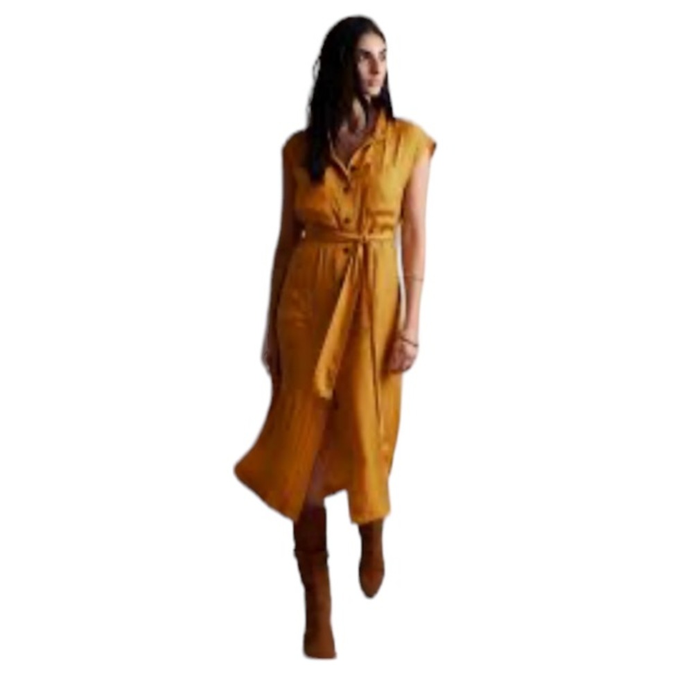 Banana Republic Golden Yellow Button Down Belted Utility Pocket Midi Dress NEW